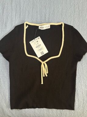 Bershka Black Ribbed Crop Top with Cream Trim